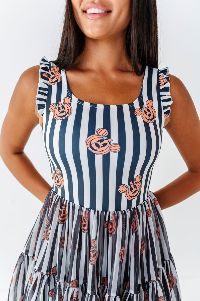 mickey striped long dress Pumpkin | ADULT Ruffle Mesh ADULT XX-LARGE Color:Ivory+Apricot and stylish Velvet Dress in Royal SK-51