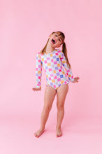Load image into Gallery viewer, Confetti Check Bows | RASHGUARD ONE-PIECE