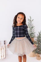Black Plaid | CROP Bow Back Long Sleeve Top