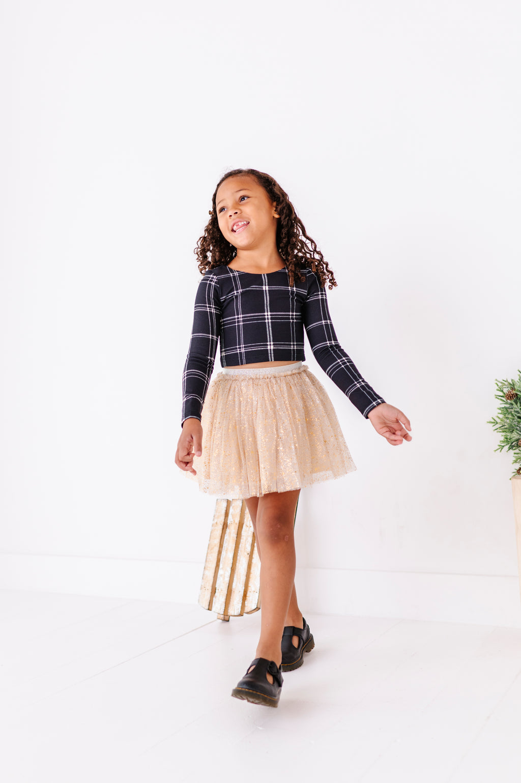 Black Plaid | CROP Bow Back Long Sleeve Top