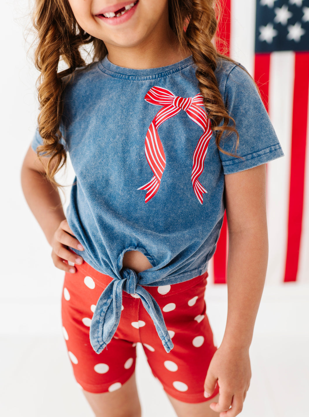 RED Stripe Bow (navy shirt) | Girls Tie-Front Shirt