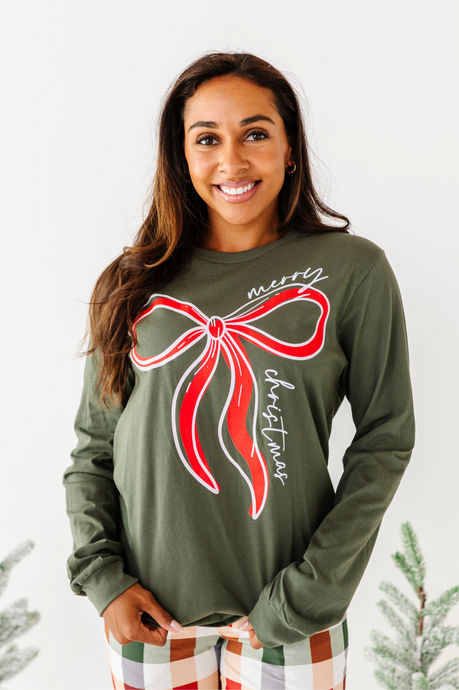 RED BOW (GREEN SHIRT) | Adult Long Sleeve Tee