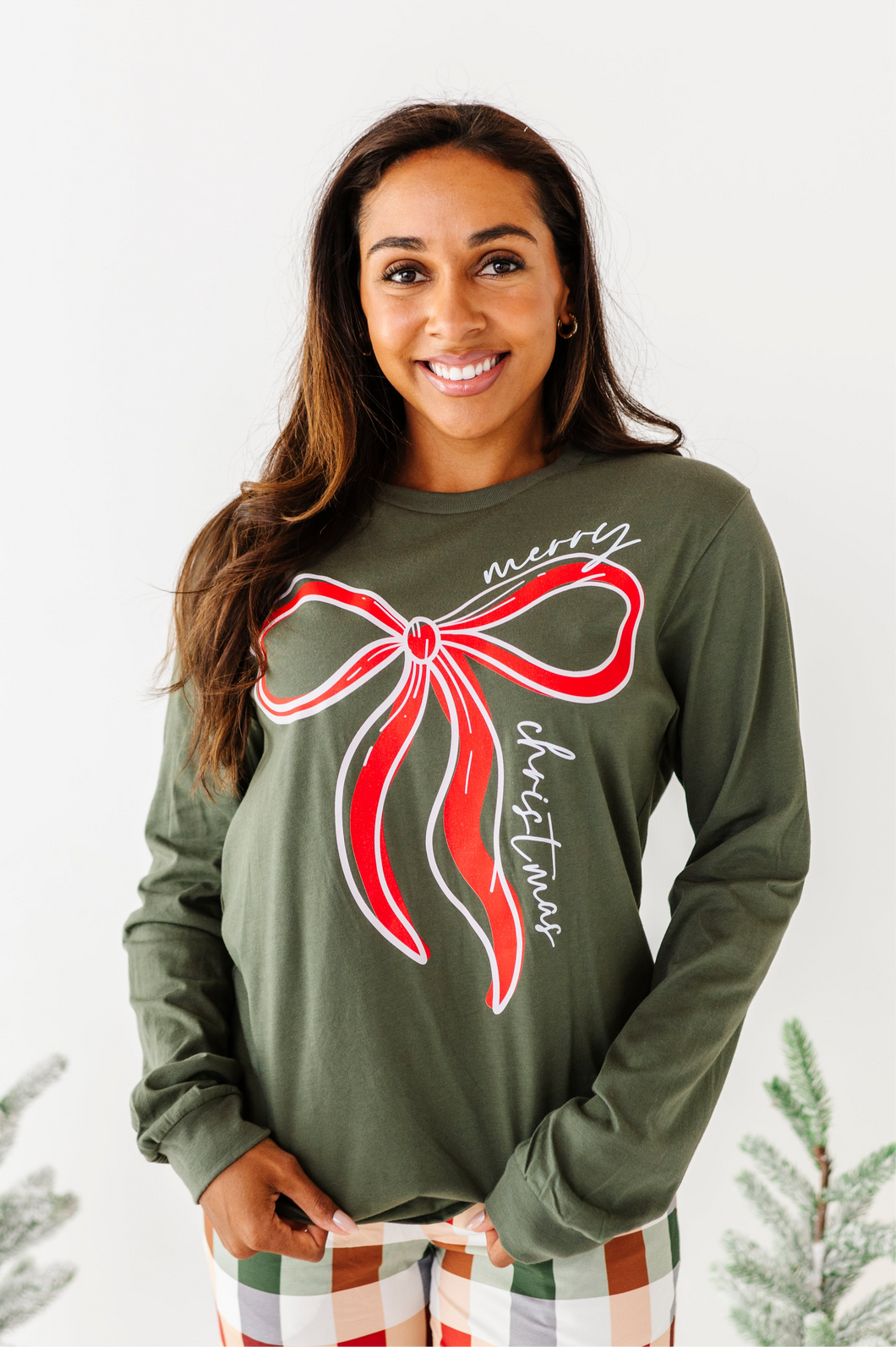 RED BOW (GREEN SHIRT) | Adult Long Sleeve Tee