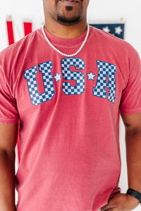 Adult Unisex RED ‘USA’ Check Tee