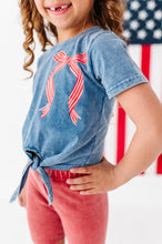 Load image into Gallery viewer, RED Stripe Bow (navy shirt) | Girls Tie-Front Shirt