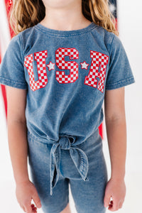 NAVY ‘USA’ Check | Girls Tie-Front Shirt