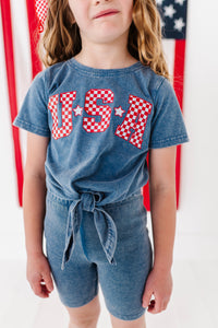 NAVY ‘USA’ Check | Girls Tie-Front Shirt