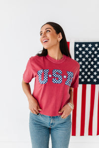 Adult Unisex RED ‘USA’ Check Tee