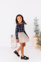 Black Plaid | CROP Bow Back Long Sleeve Top