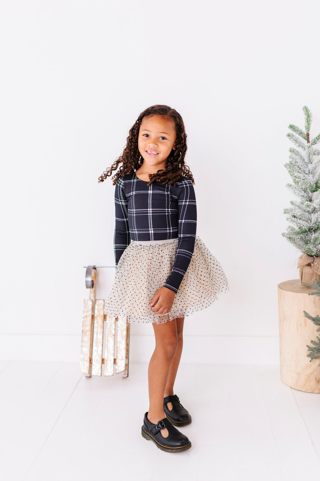 Black Plaid | CROP Bow Back Long Sleeve Top
