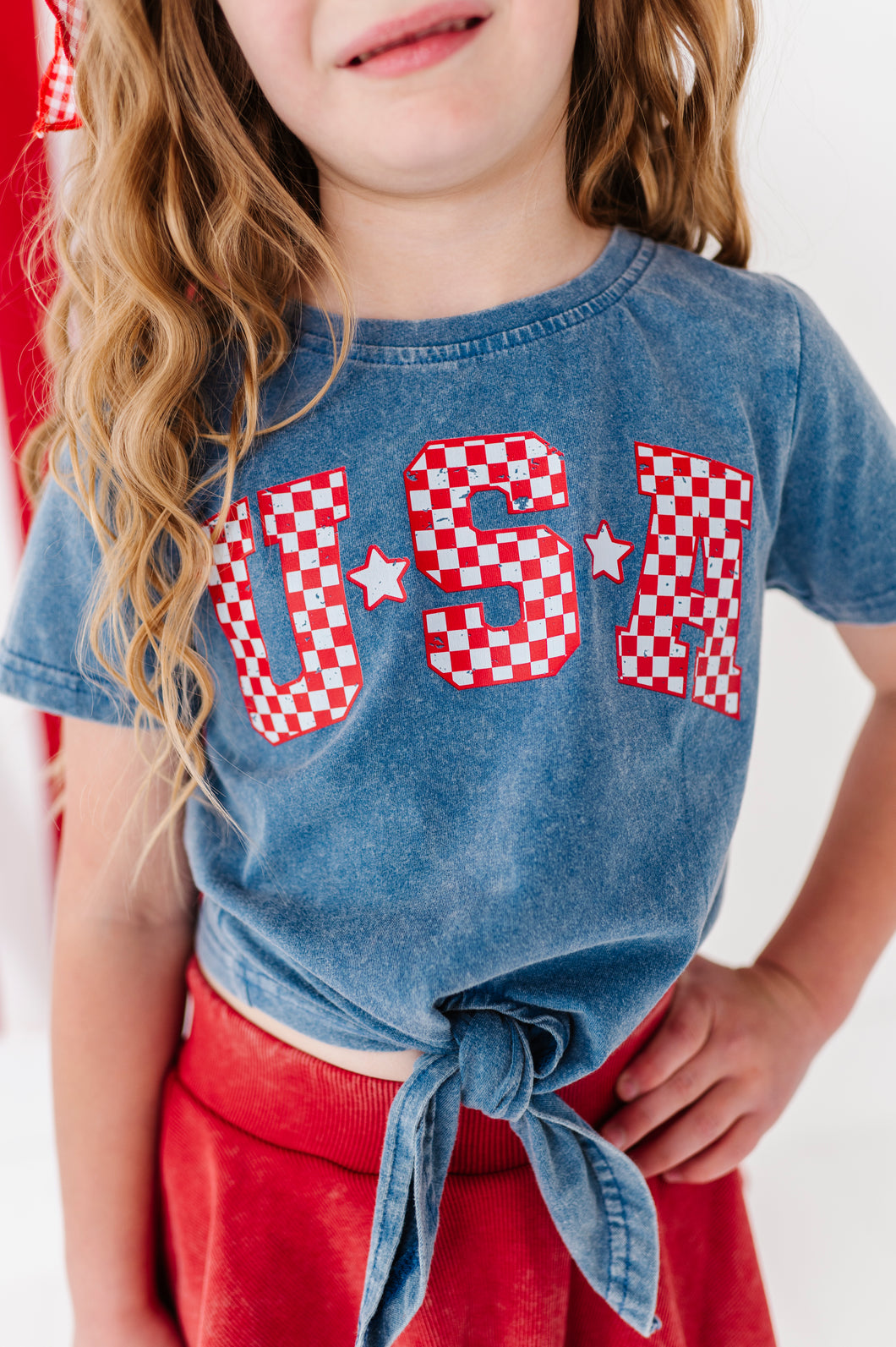 NAVY ‘USA’ Check | Girls Tie-Front Shirt