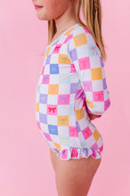Load image into Gallery viewer, Confetti Check Bows | RASHGUARD ONE-PIECE