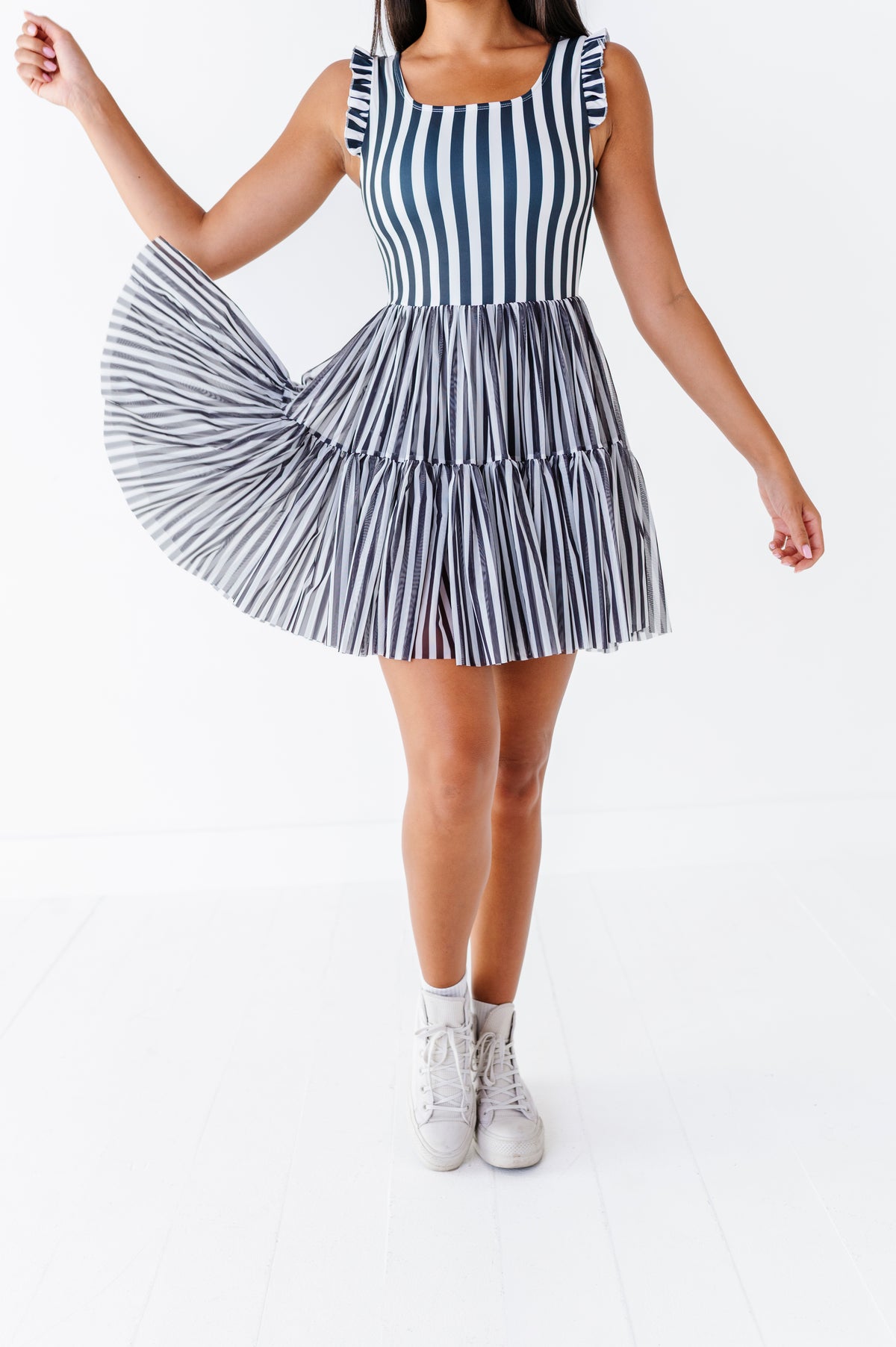 Midnight Stripe | ADULT Ruffle Mesh Dress