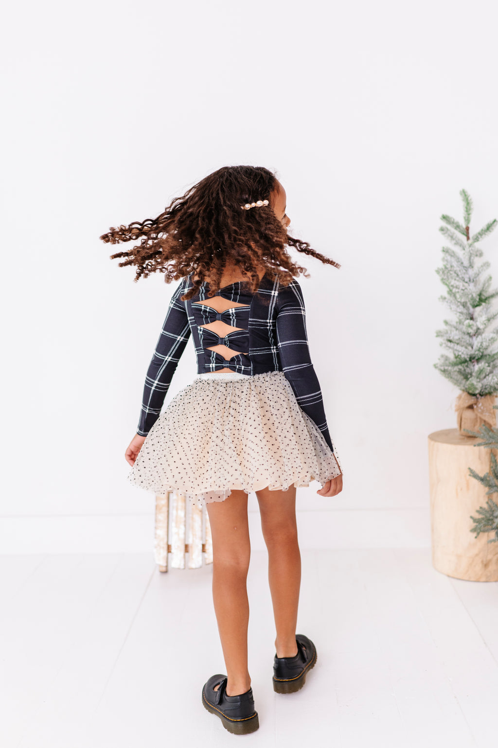 Black Plaid | CROP Bow Back Long Sleeve Top