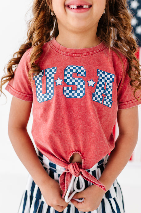 RED ‘USA’ Check | Girls Tie-Front Shirt