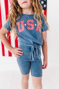 NAVY ‘USA’ Check | Girls Tie-Front Shirt