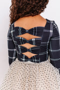 Black Plaid | CROP Bow Back Long Sleeve Top