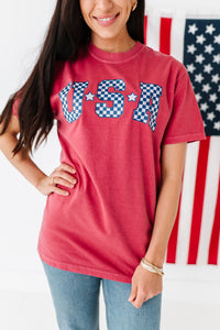 Adult Unisex RED ‘USA’ Check Tee