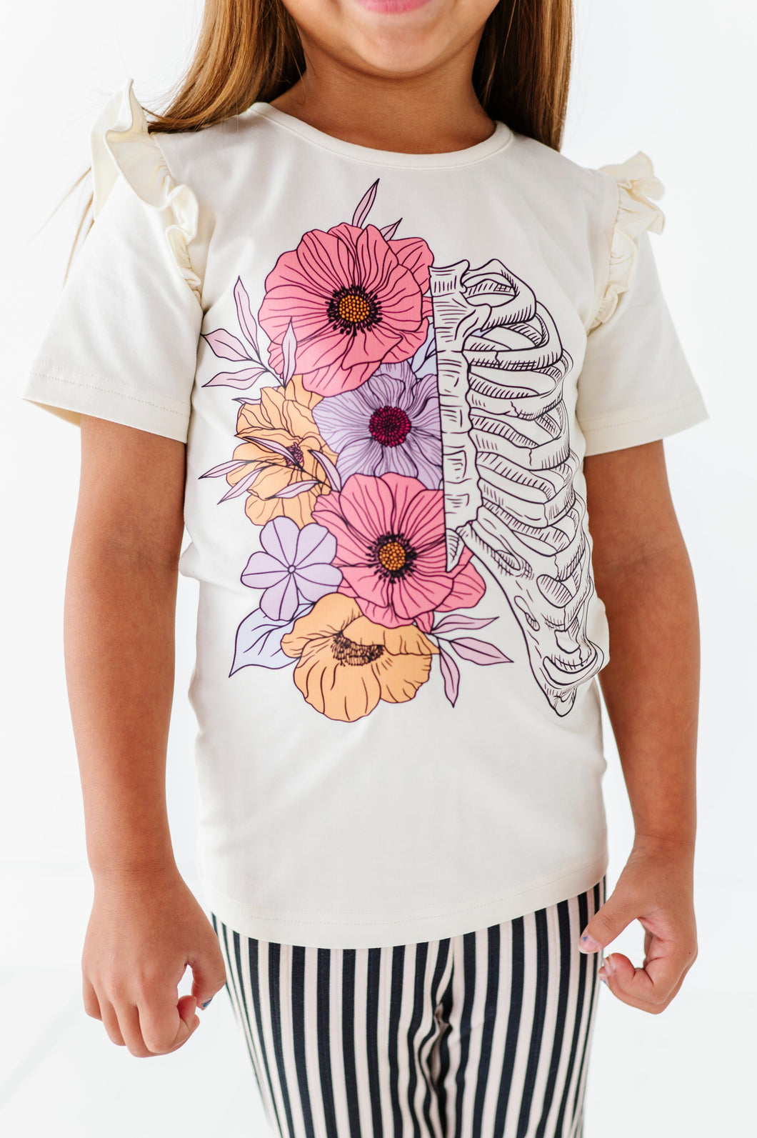 FLORAL SKELLY | Ruffle Graphic Tee (Cream)