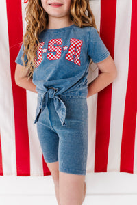 NAVY ‘USA’ Check | Girls Tie-Front Shirt