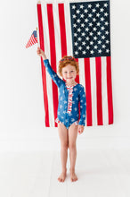 Load image into Gallery viewer, Navy Stars + Stripes | ONE-PIECE RASHGUARD