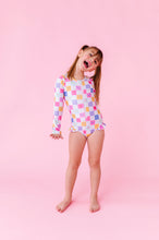 Load image into Gallery viewer, Confetti Check Bows | RASHGUARD ONE-PIECE