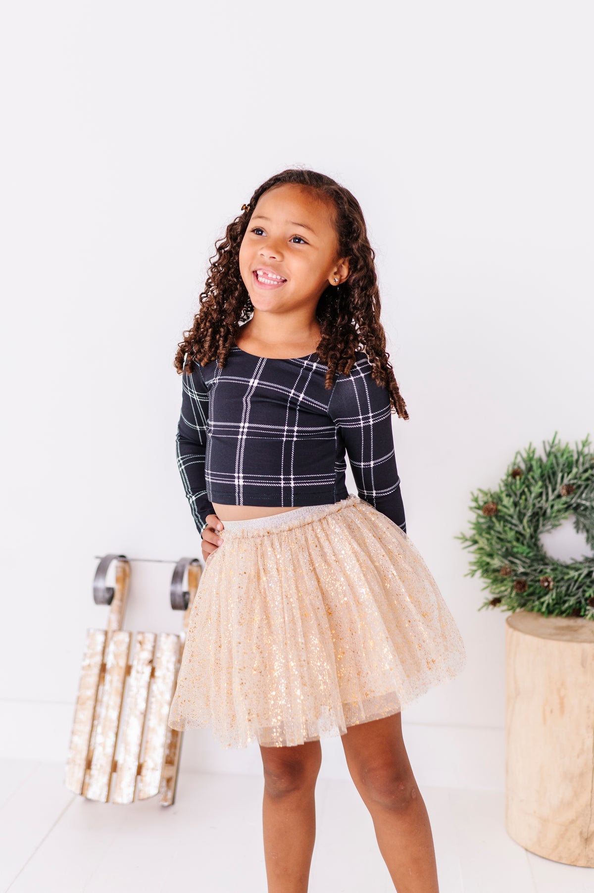 Black Plaid | CROP Bow Back Long Sleeve Top