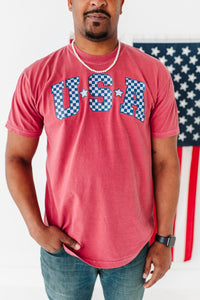 Adult Unisex RED ‘USA’ Check Tee