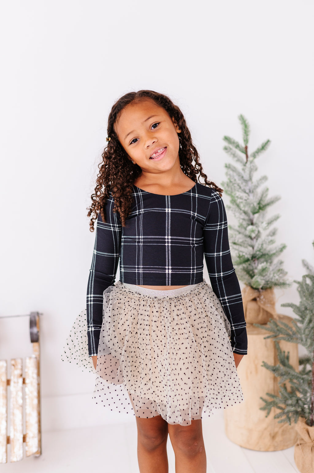 Black Plaid | CROP Bow Back Long Sleeve Top