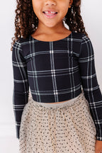 Black Plaid | CROP Bow Back Long Sleeve Top