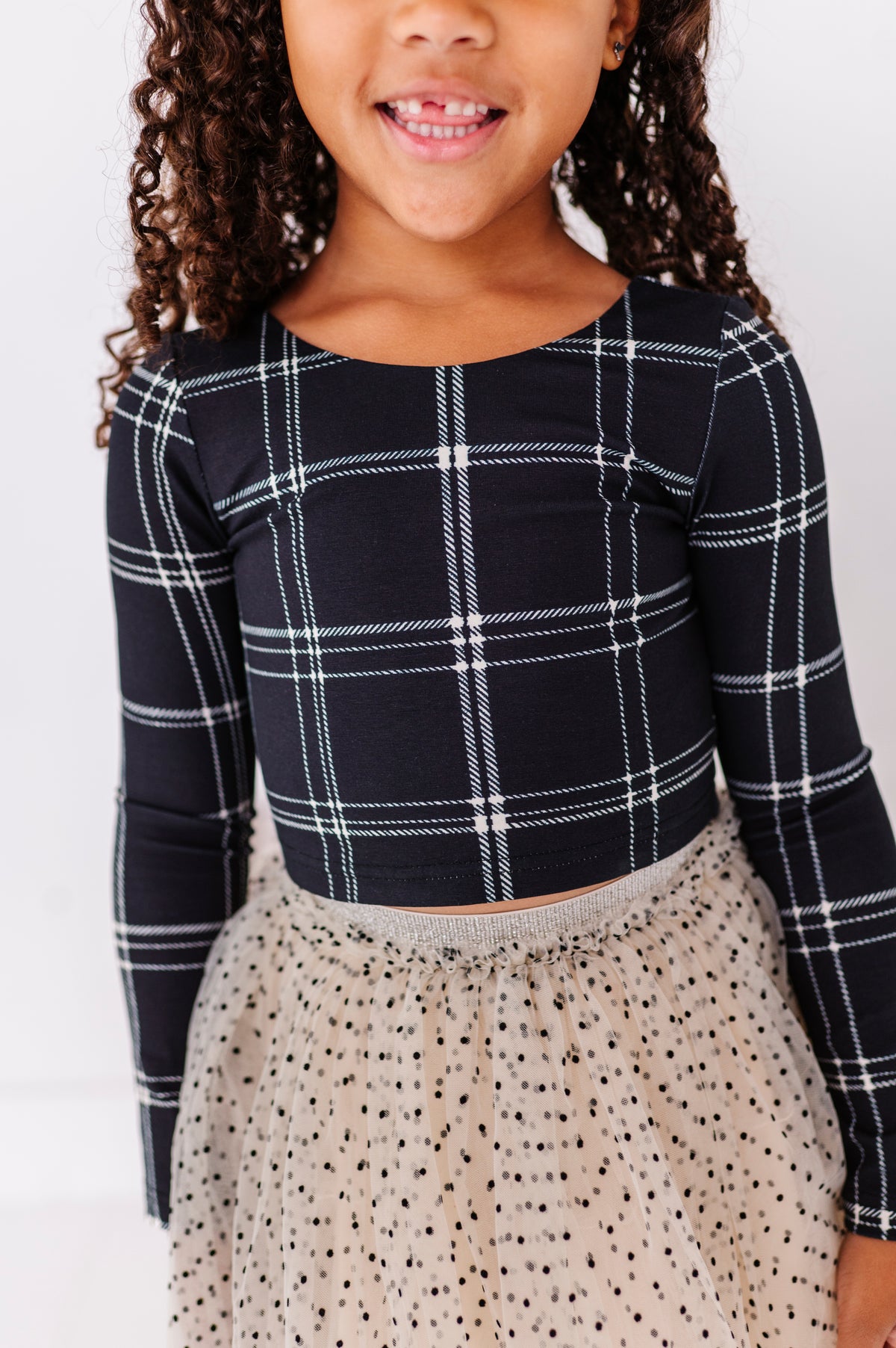 Black Plaid | CROP Bow Back Long Sleeve Top