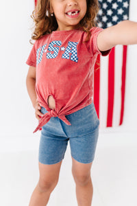 RED ‘USA’ Check | Girls Tie-Front Shirt