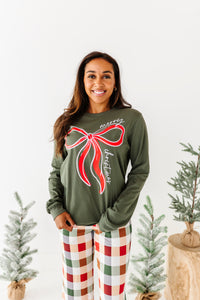 RED BOW (GREEN SHIRT) | Adult Long Sleeve Tee