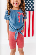 Load image into Gallery viewer, RED Stripe Bow (navy shirt) | Girls Tie-Front Shirt