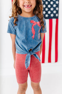 RED Stripe Bow (navy shirt) | Girls Tie-Front Shirt