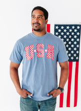 Load image into Gallery viewer, Adult Unisex NAVY ‘USA’ Check Tee