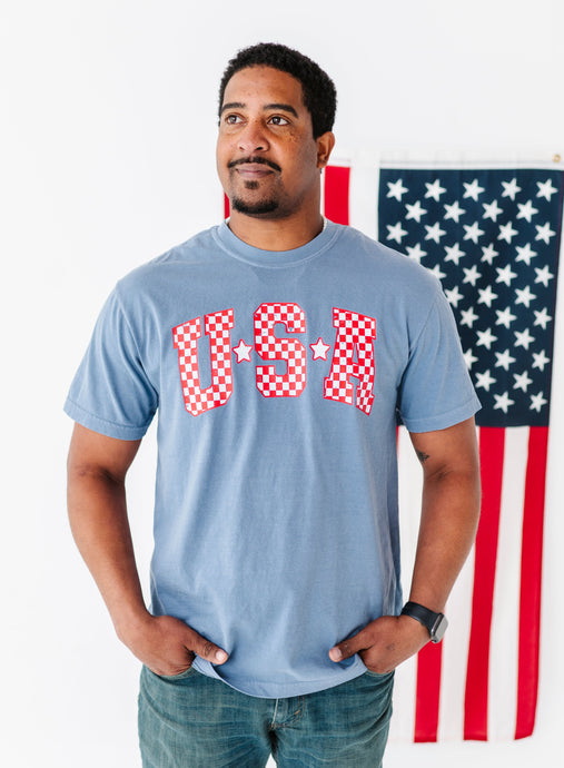 Adult Unisex NAVY ‘USA’ Check Tee