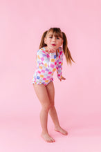 Load image into Gallery viewer, Confetti Check Bows | RASHGUARD ONE-PIECE