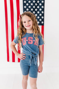 NAVY ‘USA’ Check | Girls Tie-Front Shirt