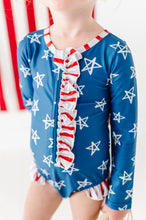 Load image into Gallery viewer, Navy Stars + Stripes | ONE-PIECE RASHGUARD