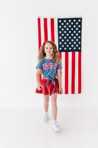 NAVY ‘USA’ Check | Girls Tie-Front Shirt