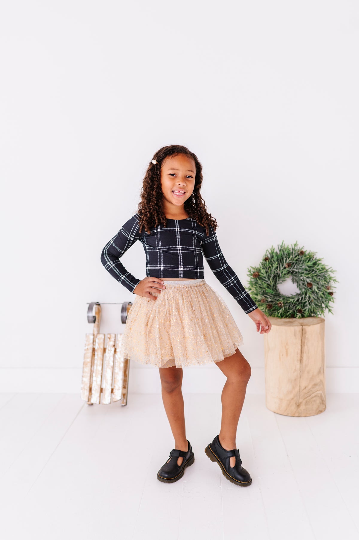 Black Plaid | CROP Bow Back Long Sleeve Top
