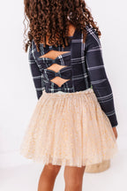 Black Plaid | CROP Bow Back Long Sleeve Top