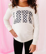 Load image into Gallery viewer, Checkered ‘LOVE’ | Cream Ruffle Long Sleeve