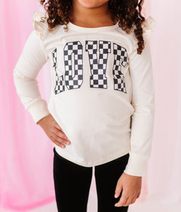 Checkered ‘LOVE’ | Cream Ruffle Long Sleeve