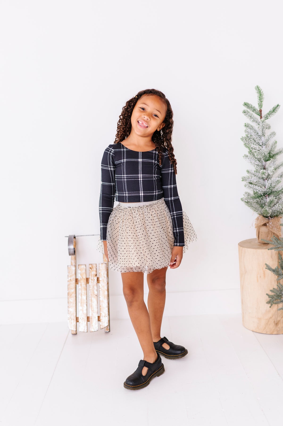 Black Plaid | CROP Bow Back Long Sleeve Top
