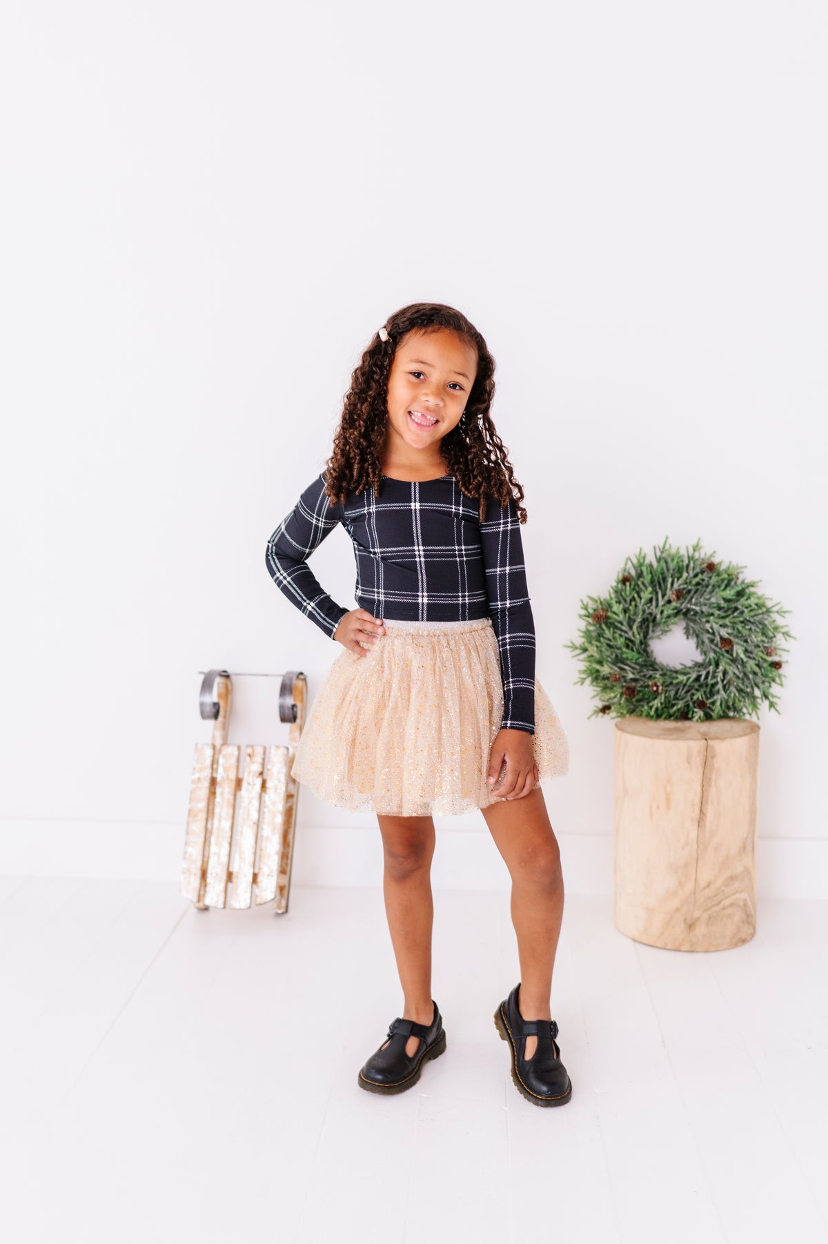 Black Plaid | CROP Bow Back Long Sleeve Top