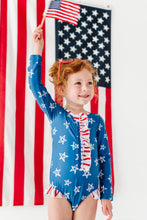 Load image into Gallery viewer, Navy Stars + Stripes | ONE-PIECE RASHGUARD