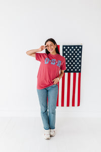 Adult Unisex RED ‘USA’ Check Tee