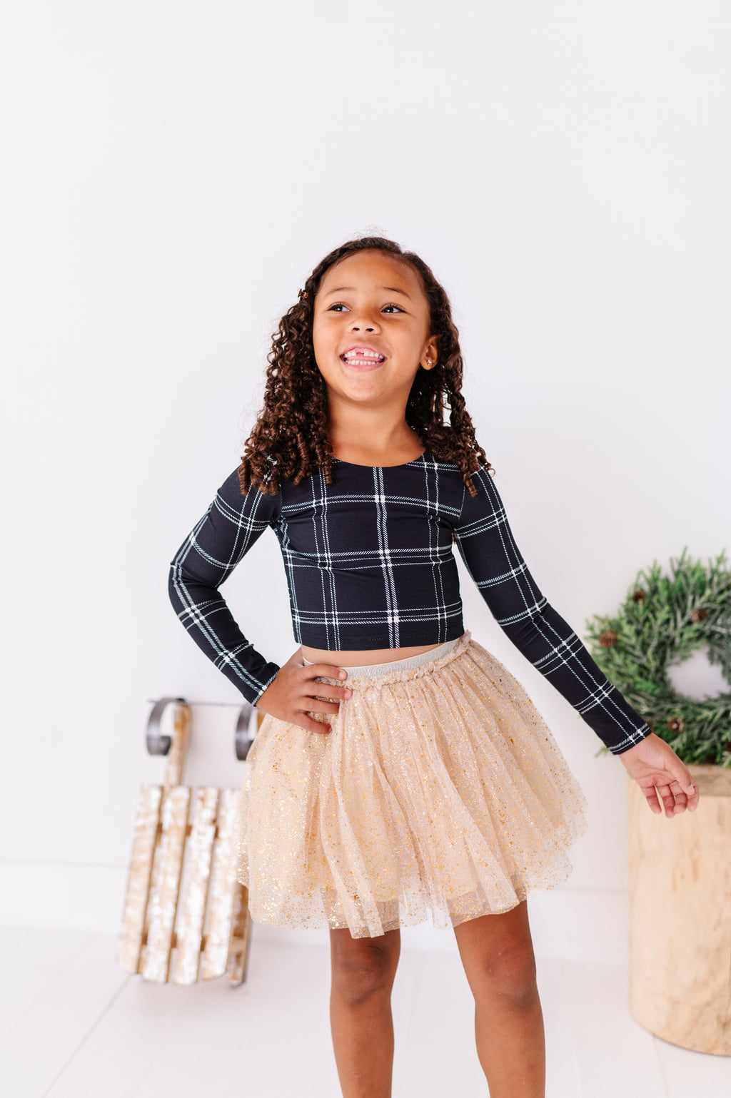 Black Plaid | CROP Bow Back Long Sleeve Top